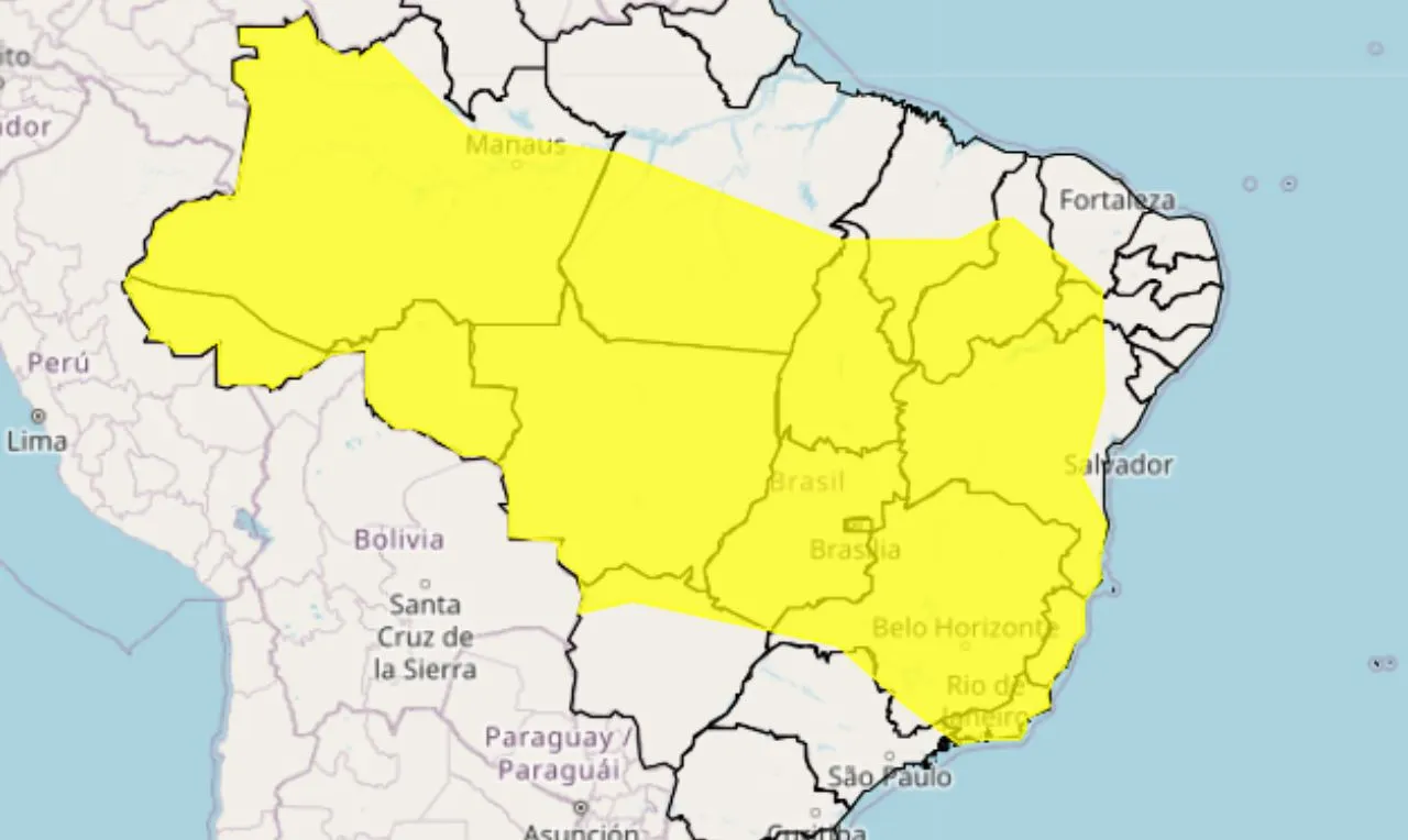 O mapa mostra as &aacute;reas em alerta amarelo para chuva intensa